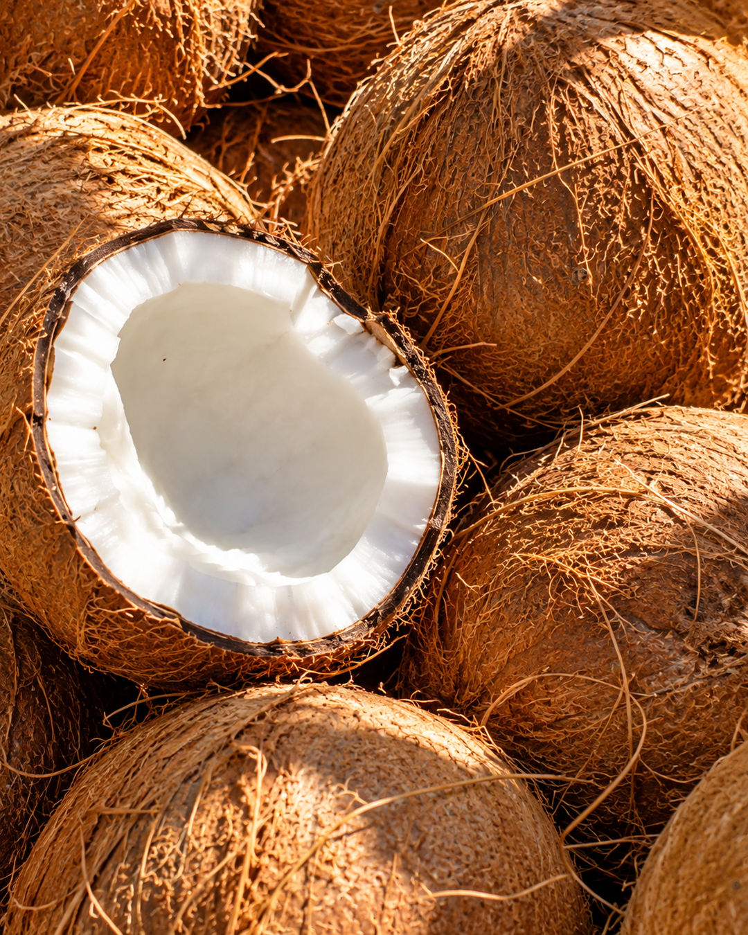 Whole and halved coconuts, the coconut note in 80° eau de parfum