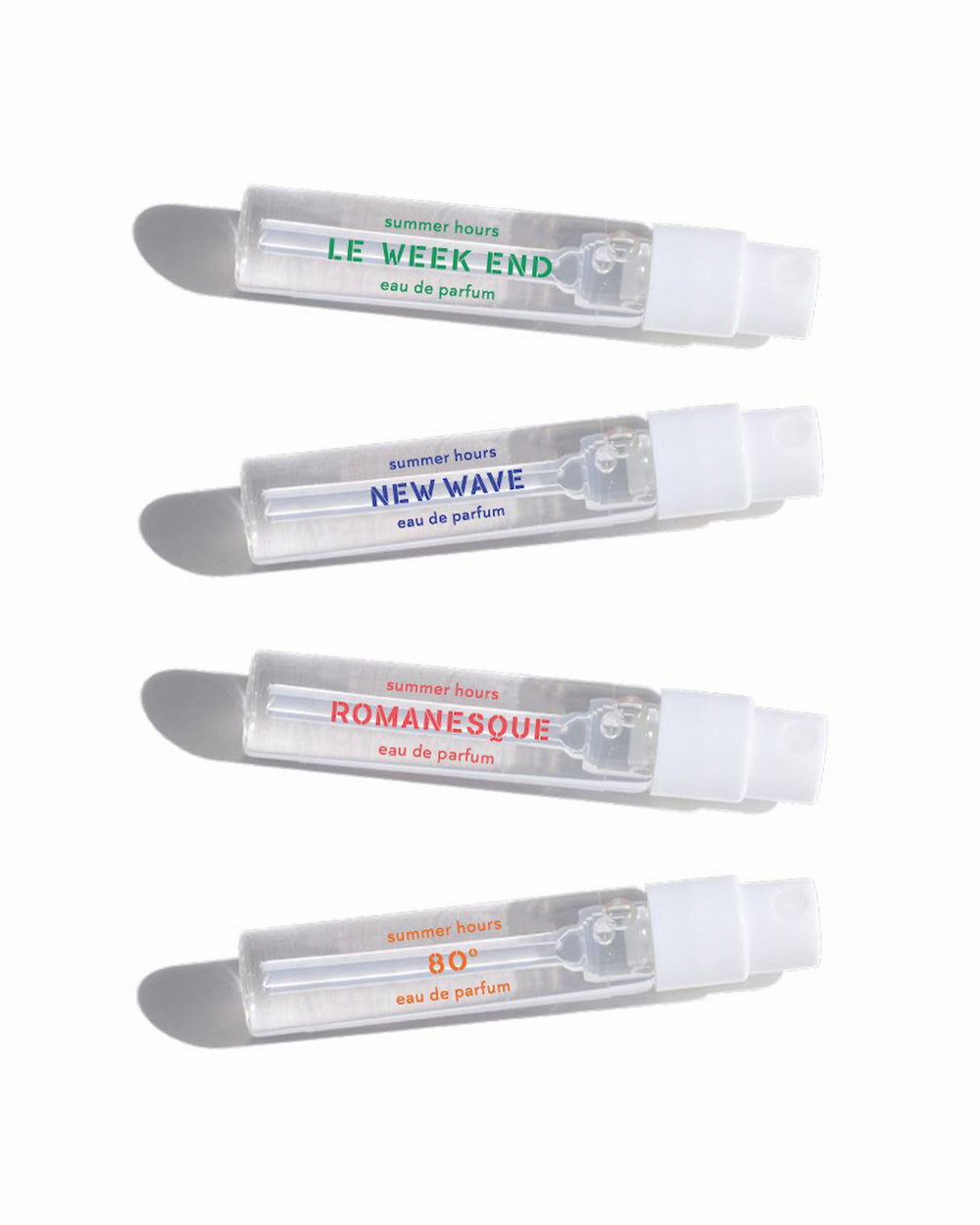 Summer Hours Discovery Set of four small perfume testers titled Le Week End, New Wave, Romy, and 80 °