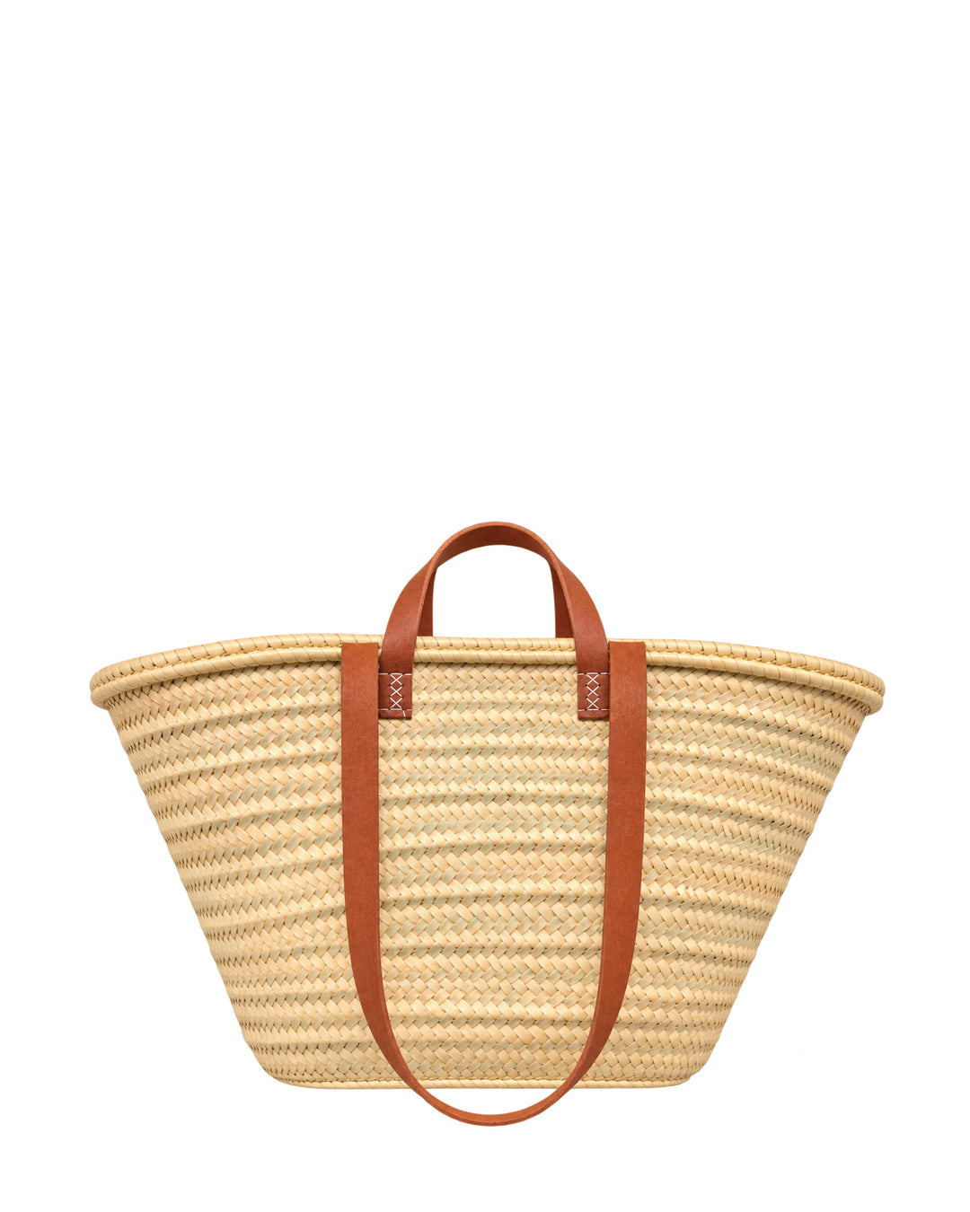 Frenchie tote, a woven straw market basket with tan leather handles