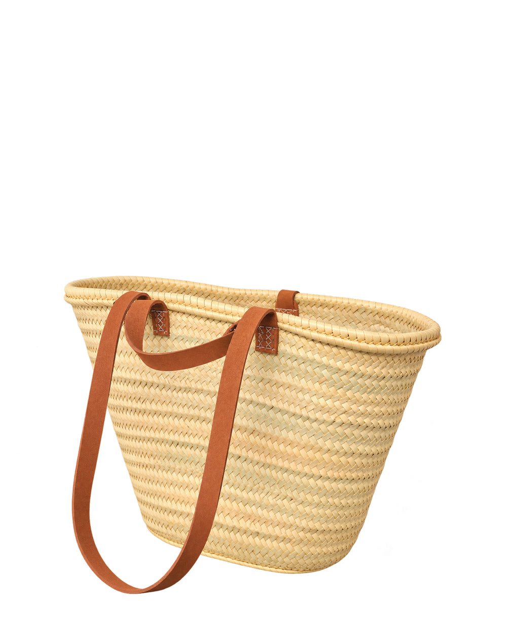 Frenchie tote with its long tan leather straps raised