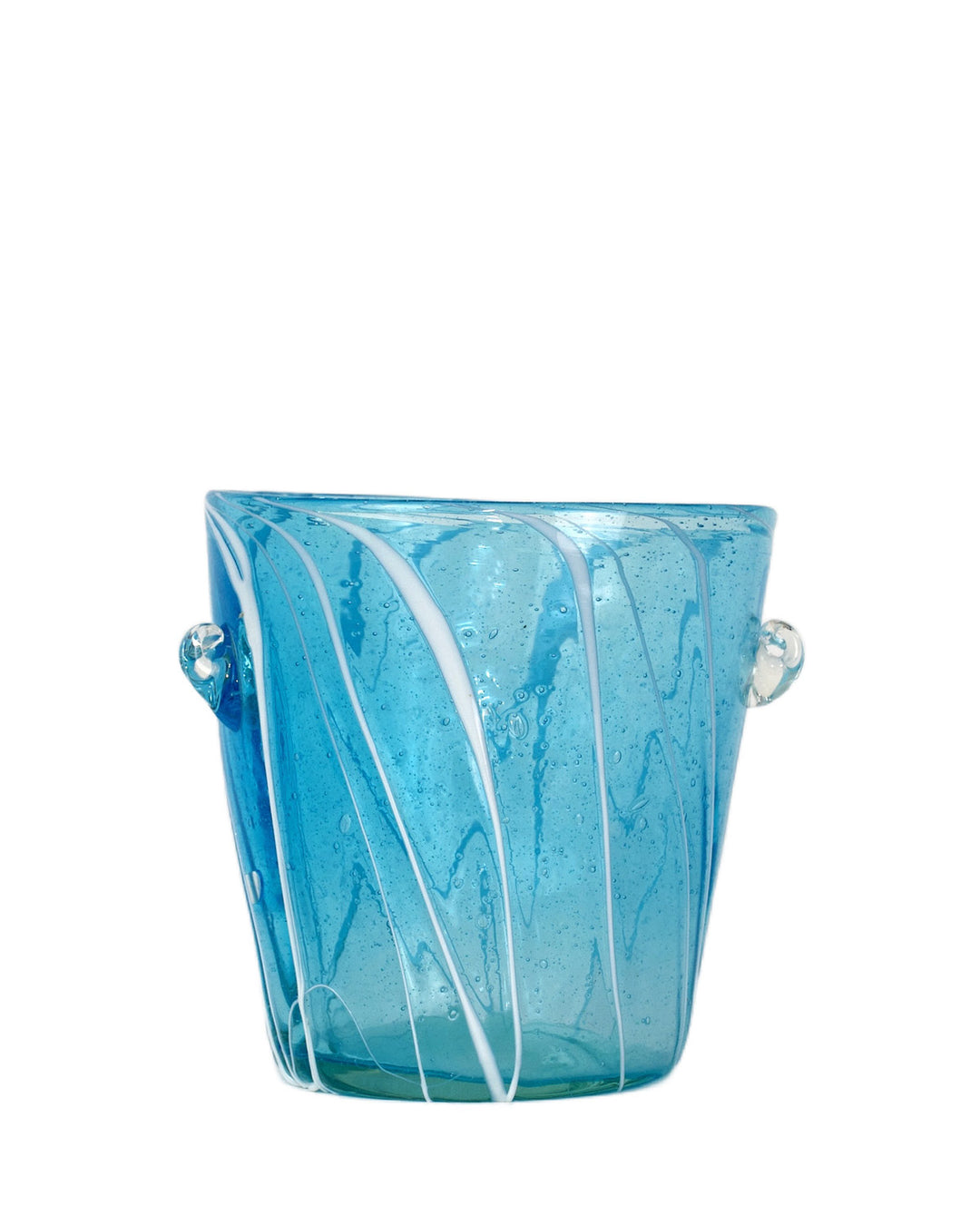Summer Hours blue glass ice bucket with white swirl patterns on a white background